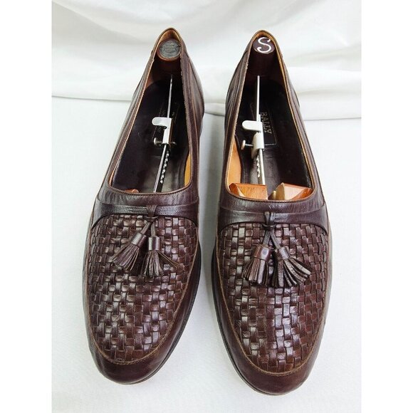 Bally Size 12M Mens Chocolate Brown Leather Basket Weave Tassel Slip On Loafers